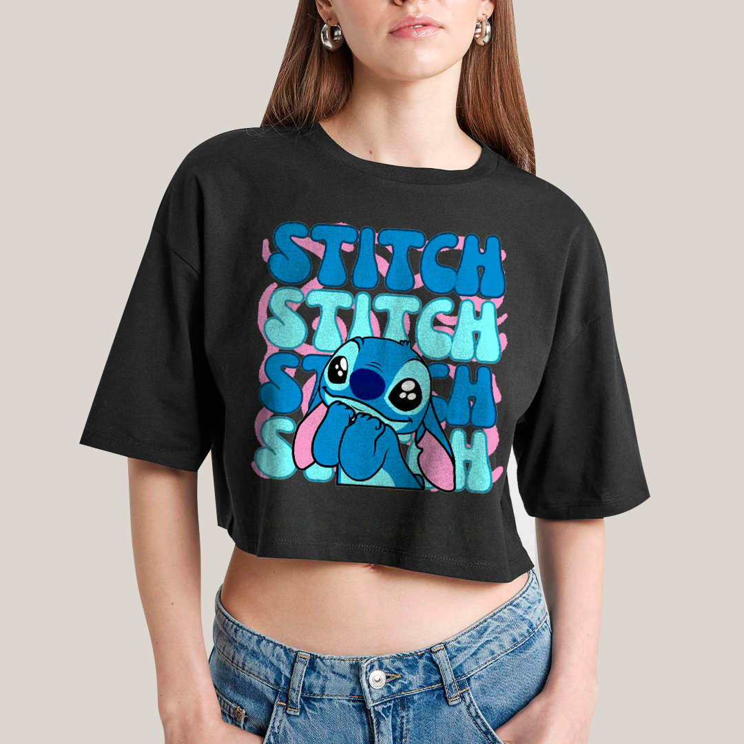 Cropped Oversized Algodão Unissex T shirt Lilo & Stitch Orelha Caida