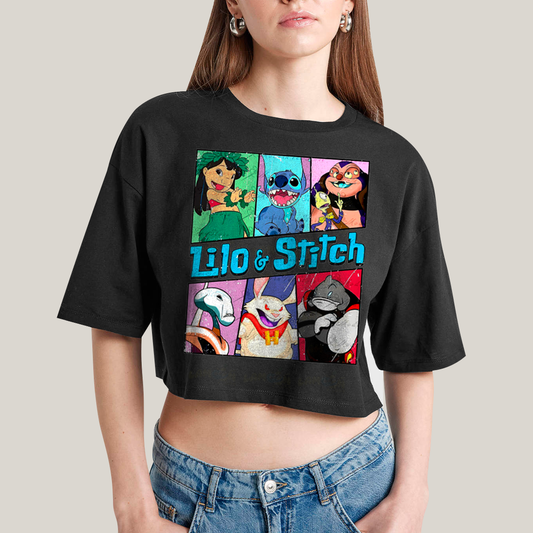 Cropped Oversized Algodão Unissex T shirt Lilo & Stitch Alienigenas