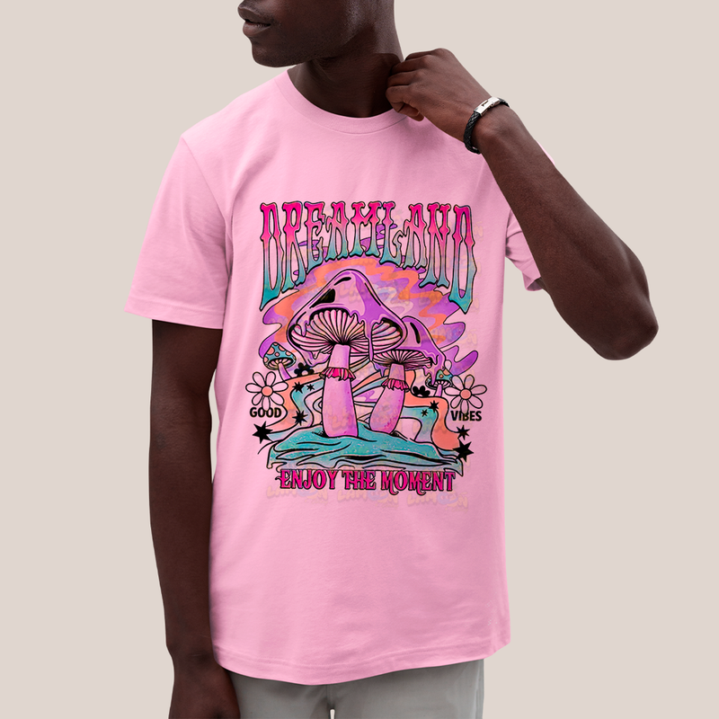 Camiseta Algodão Unissex T shirt - Dreamland enjoy the moment good vibes cogumelo