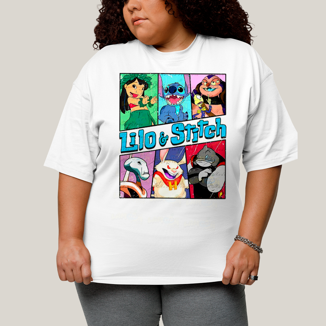Camiseta Plus Size Algodão Unissex T shirt Lilo & Stitch Alienigenas