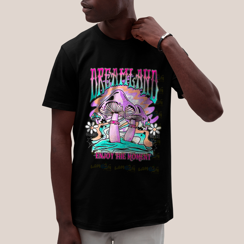 Camiseta Algodão Unissex T shirt - Dreamland enjoy the moment good vibes cogumelo