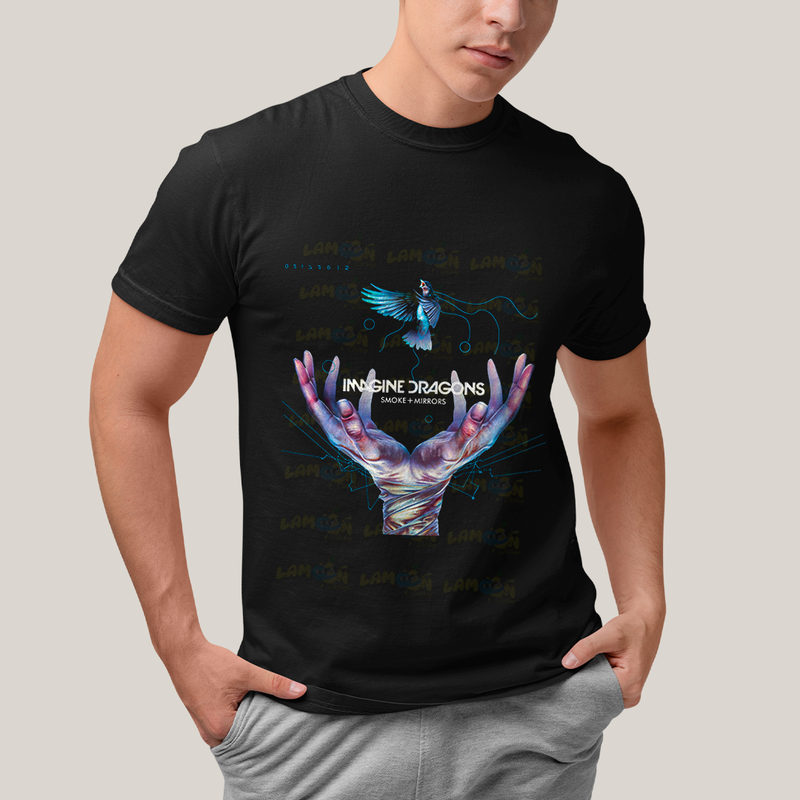 Camiseta Algodão Unissex T shirt - Imagine Dragons Smoke e Mirrors Azul passaro maos