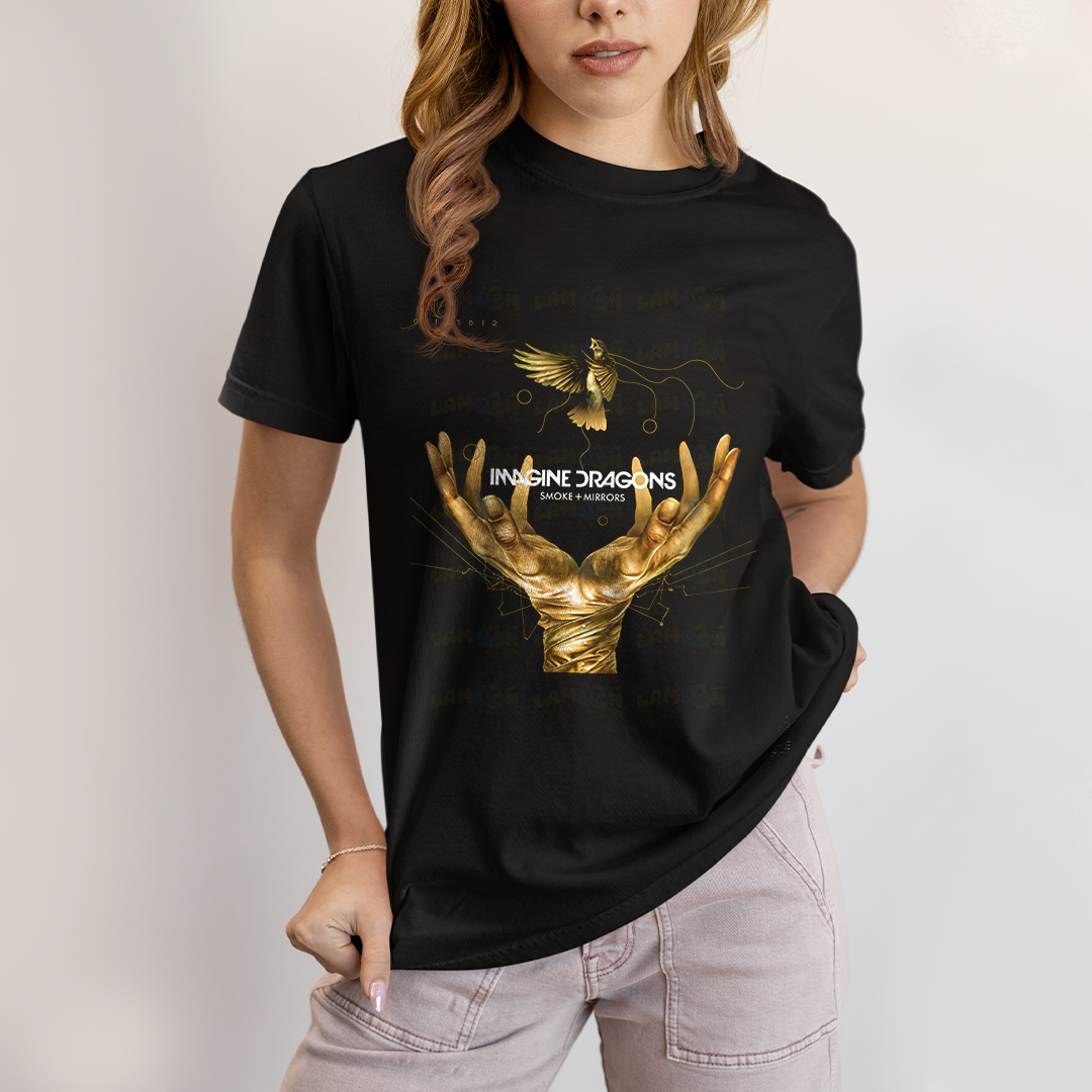 Camiseta Algodão Unissex T shirt -  Imagine Dragons Smoke e Mirrors amarelo passaro maos