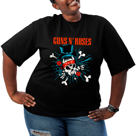 Camiseta Plus Size Roses Banda Caveira Gun