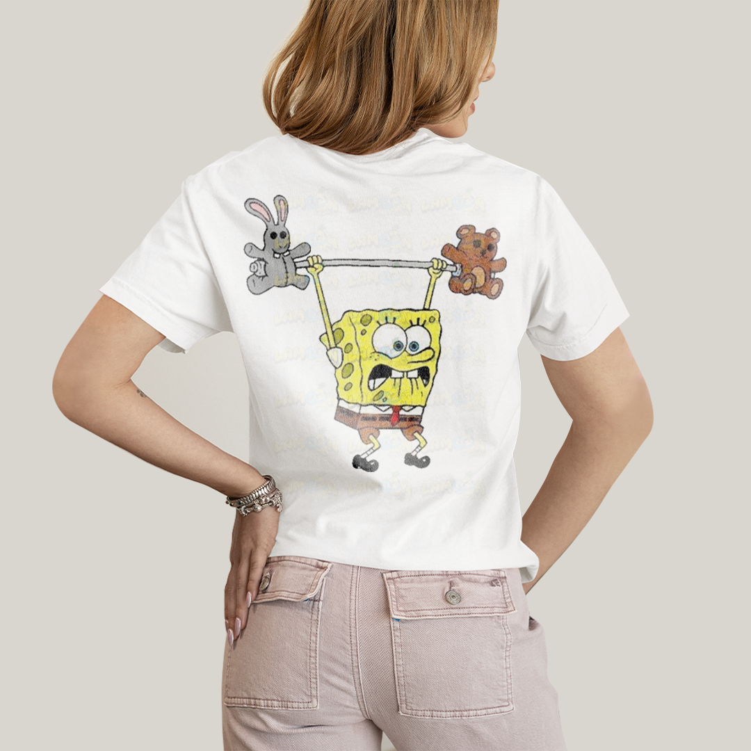 Camiseta Algodão Unissex T shirt Academia Bob Esponja Frente e Costas