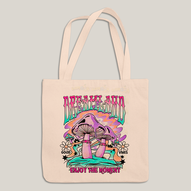 Sacola Ecobag Bolsa 38X40 Algodão-  Dreamland enjoy the moment good vibes cogumelo