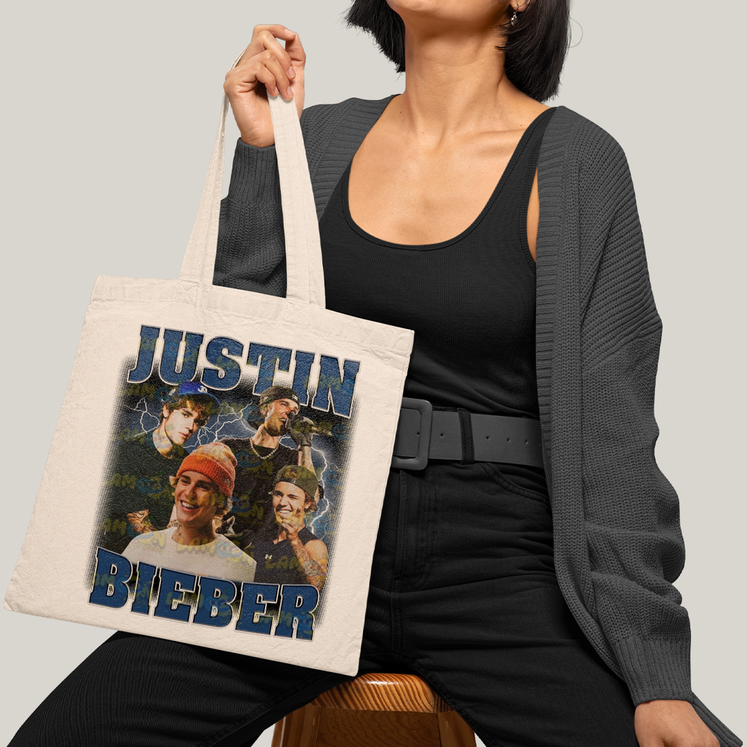Sacola Ecobag Bolsa 38X40 Algodão Cru Graphic Tee Justin Bieber Azul