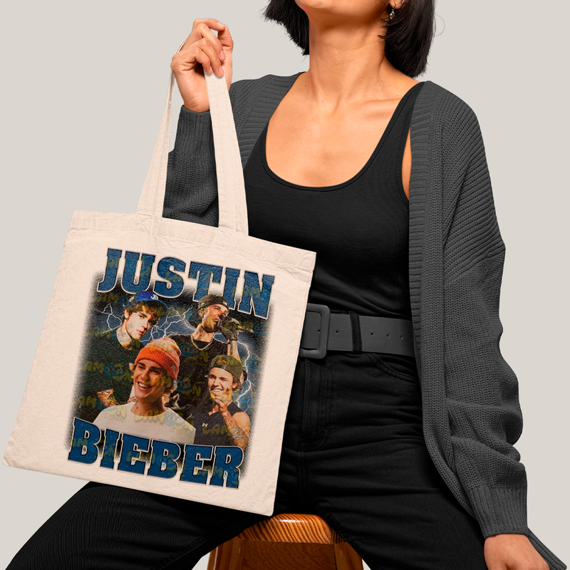 Sacola Ecobag Bolsa 38X40 Algodão Cru Graphic Tee Justin Bieber Azul