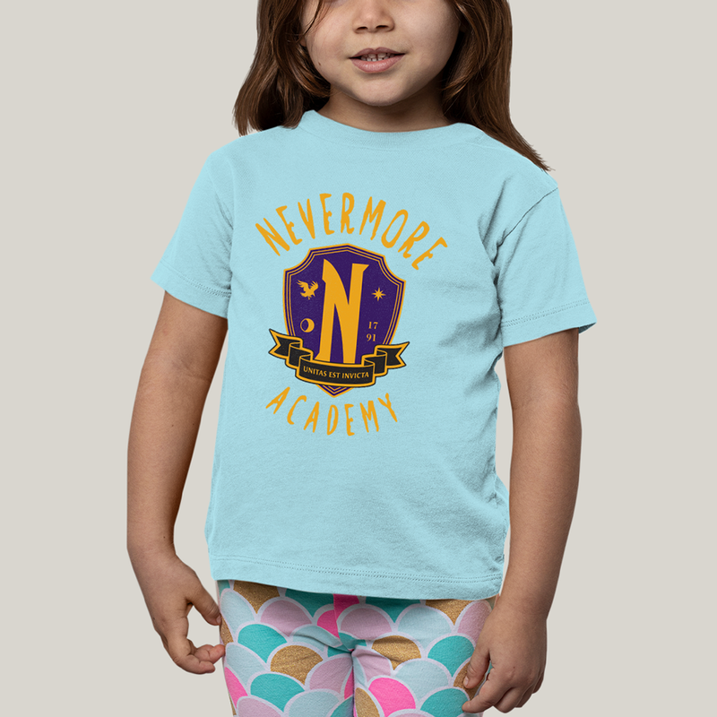 Camiseta Infantil Algodão Unissex T shirt Wandinha Unitas Est Invicta Nevermore Academy