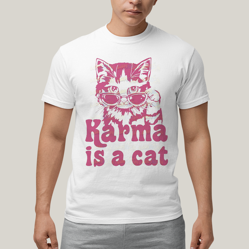 Camiseta Algodão Unissex T shirt Karma Is a Cat Pink