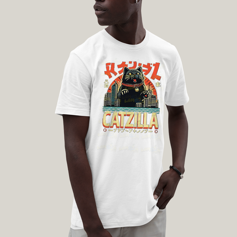Camiseta Algodão Unissex T shirt Gato Catzilla Godzilla Meme