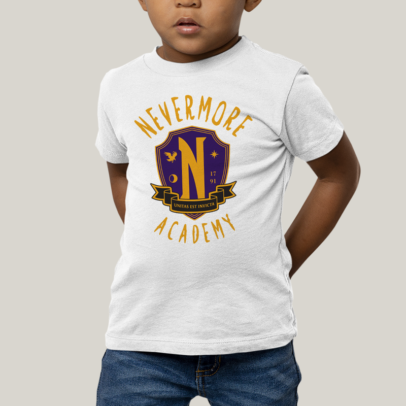 Camiseta Infantil Algodão Unissex T shirt Wandinha Unitas Est Invicta Nevermore Academy