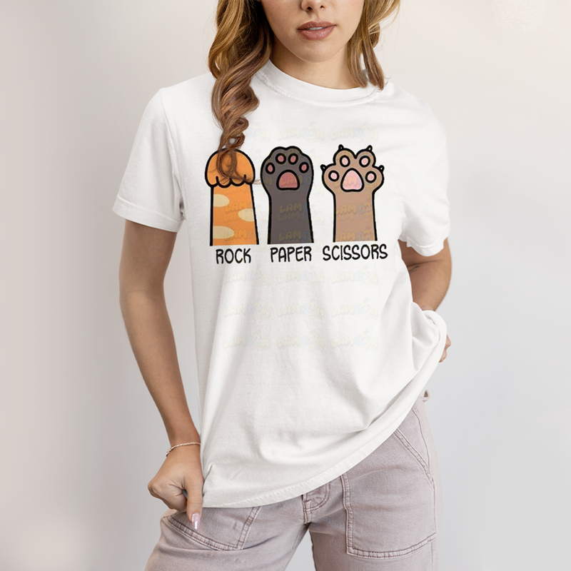 Camiseta Algodão Unissex T shirt Gato Rock Paper Scissors