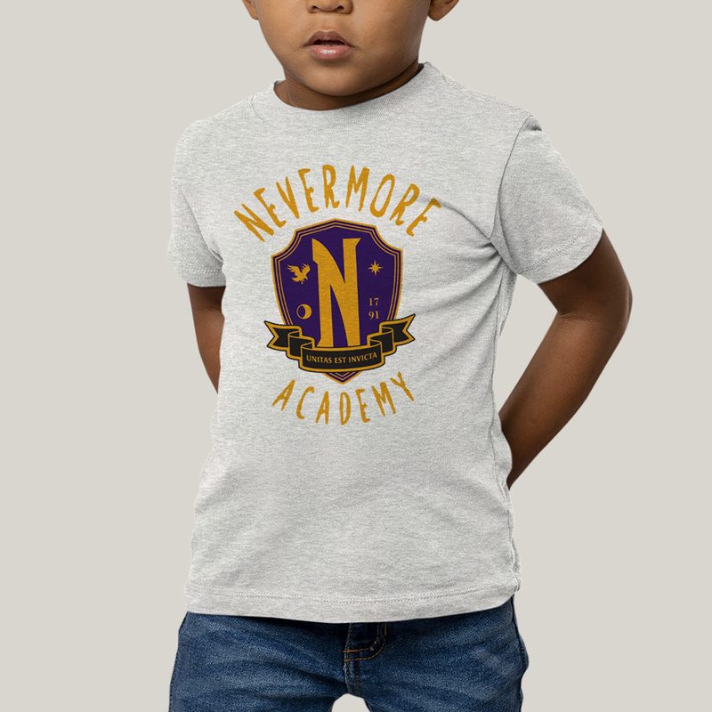 Camiseta Infantil Algodão Unissex T shirt Wandinha Unitas Est Invicta Nevermore Academy