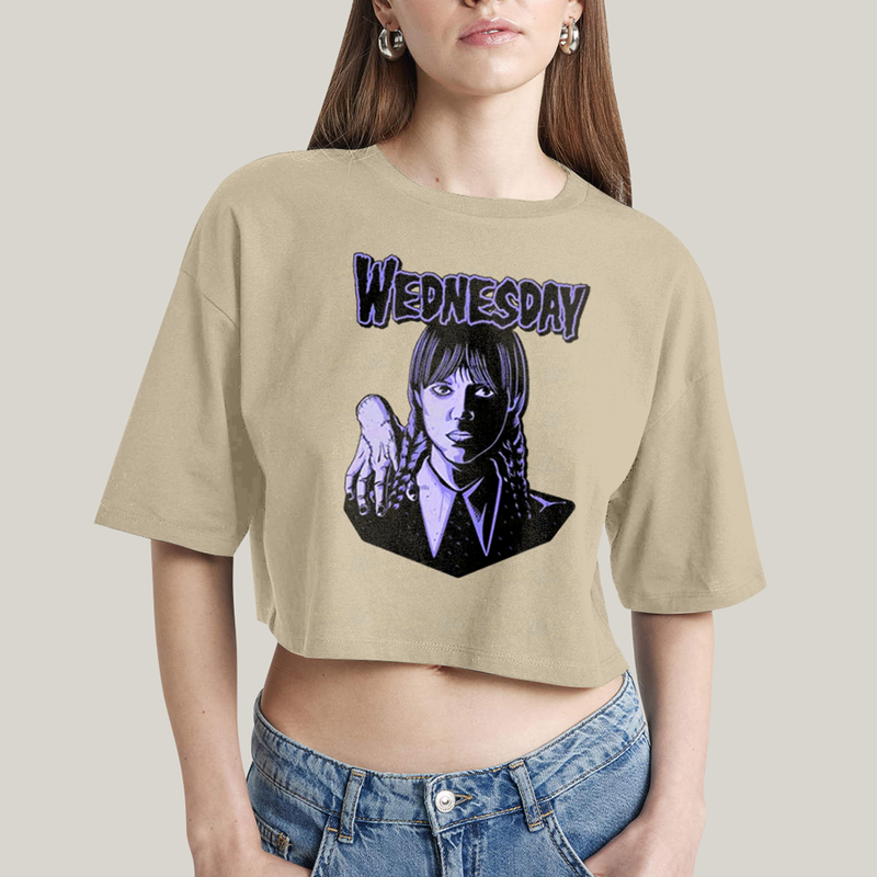 Cropped Oversized Algodão Unissex T shirt Wandinha Roxo Wednesday