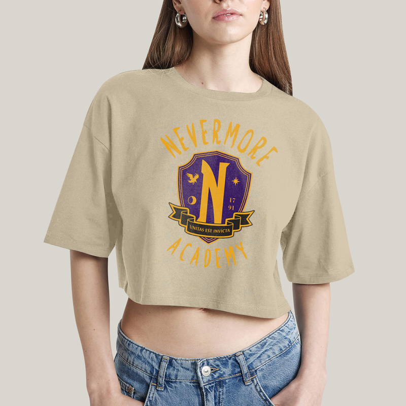 Cropped Oversized Algodão Unissex T shirt Wandinha Unitas Est Invicta Nevermore Academy