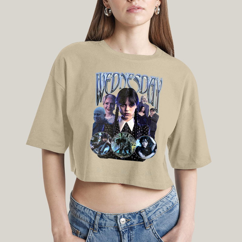 Cropped Oversized Algodão Unissex T shirt Wandinha Wednesday Blue