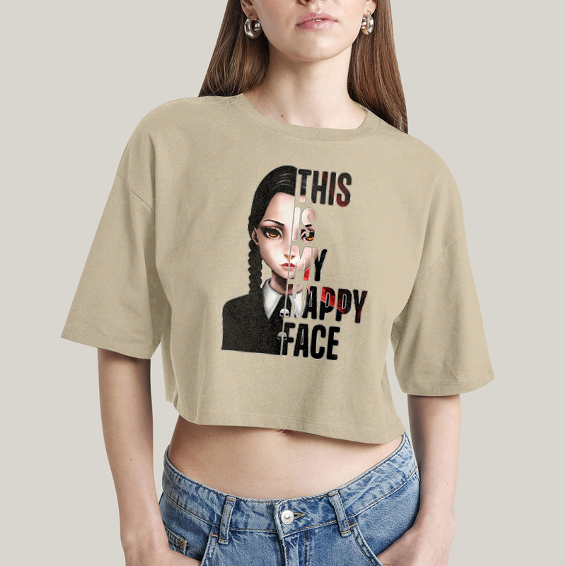 Cropped Oversized Algodão Unissex T shirt Wandinha Essa é Minha Cara Feliz