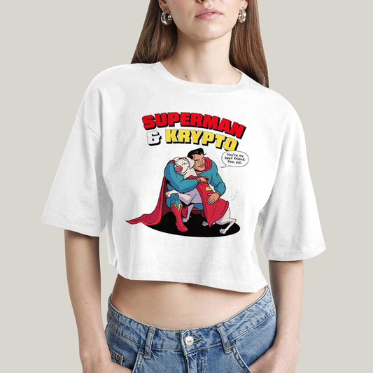 Cropped Oversized Algodão Unissex T shirt Superman & Krypto Best Friend