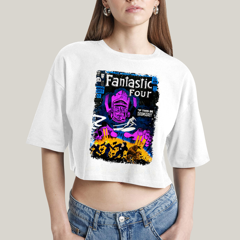 Cropped Oversized Algodão Unissex T shirt Quarteto Fantástico vs Galactus Capa de HQ