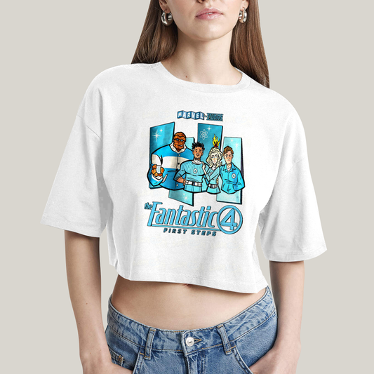 Cropped Oversized Algodão Unissex T shirt Quarteto Fantástico Primeiros Passos Cartunesco