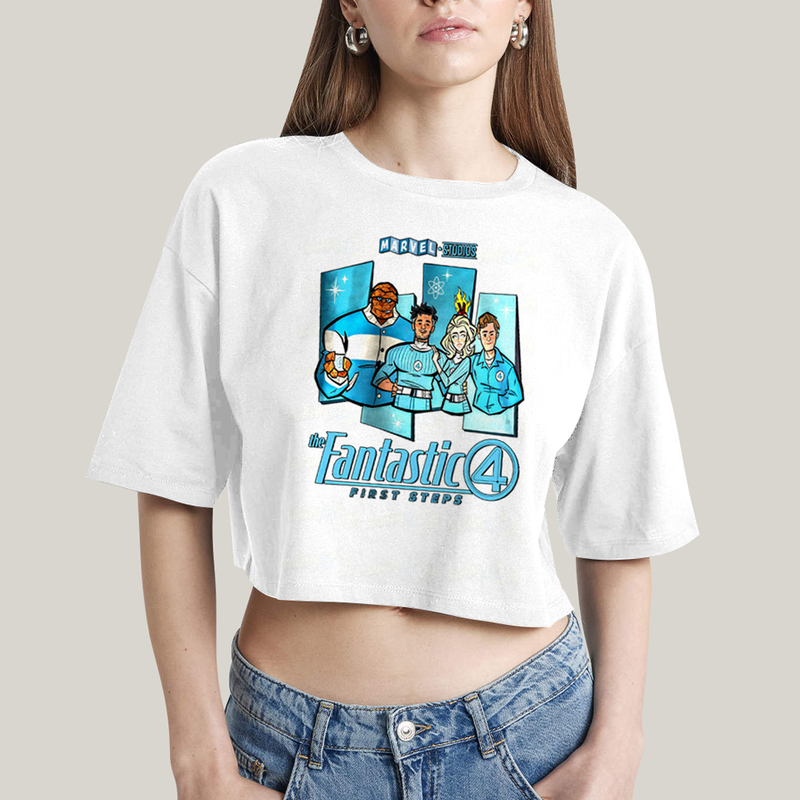 Cropped Oversized Algodão Unissex T shirt Quarteto Fantástico Primeiros Passos Cartunesco