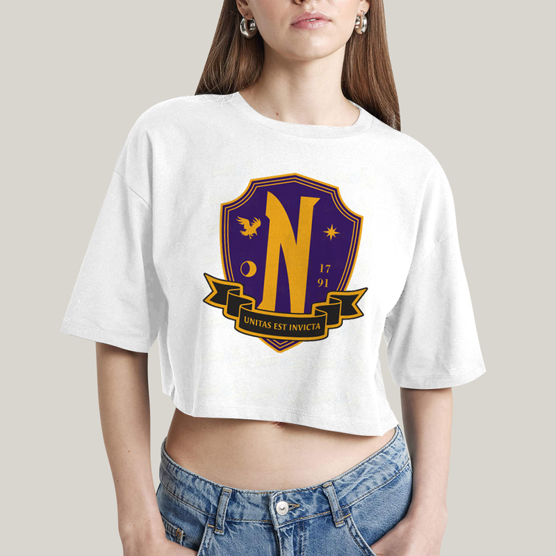 Cropped Oversized Algodão Unissex T shirt Wandinha Unitas Est Invicta