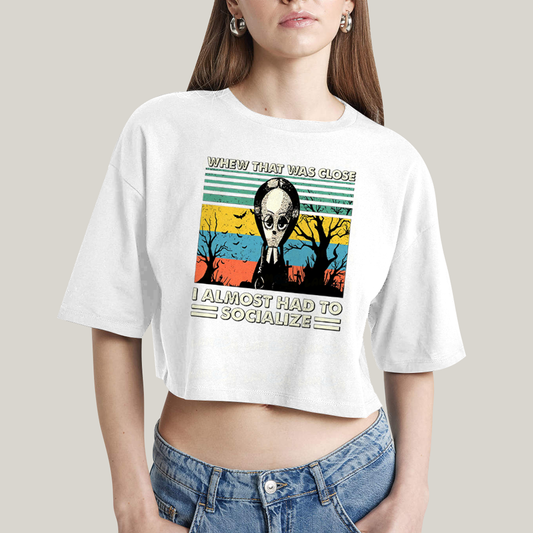 Cropped Oversized Algodão Unissex T shirt Wandinha Quase Tive Que Socializar