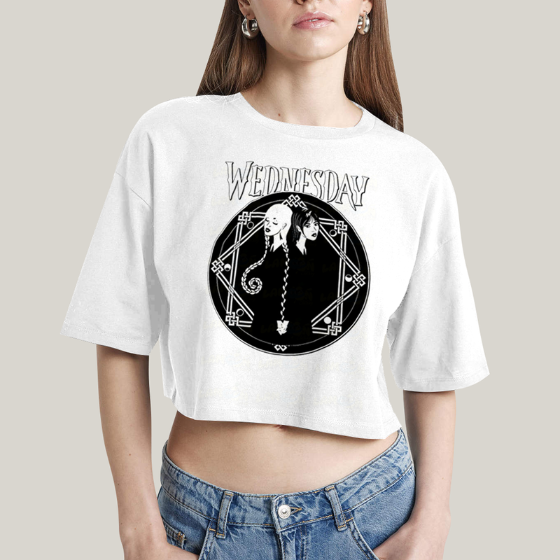 Cropped Oversized Algodão Unissex T shirt Wandinha Wednesday Black White