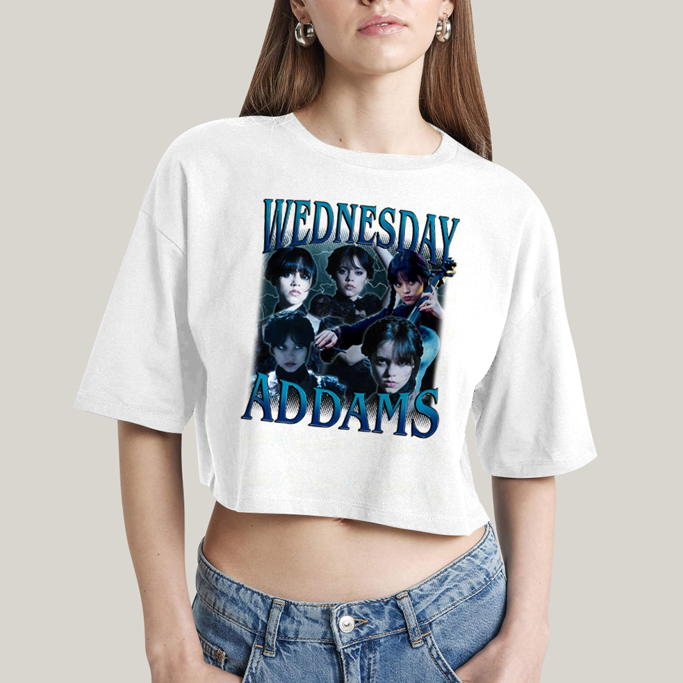 Cropped Oversized Algodão Unissex T shirt Wandinha Wednesday Adams