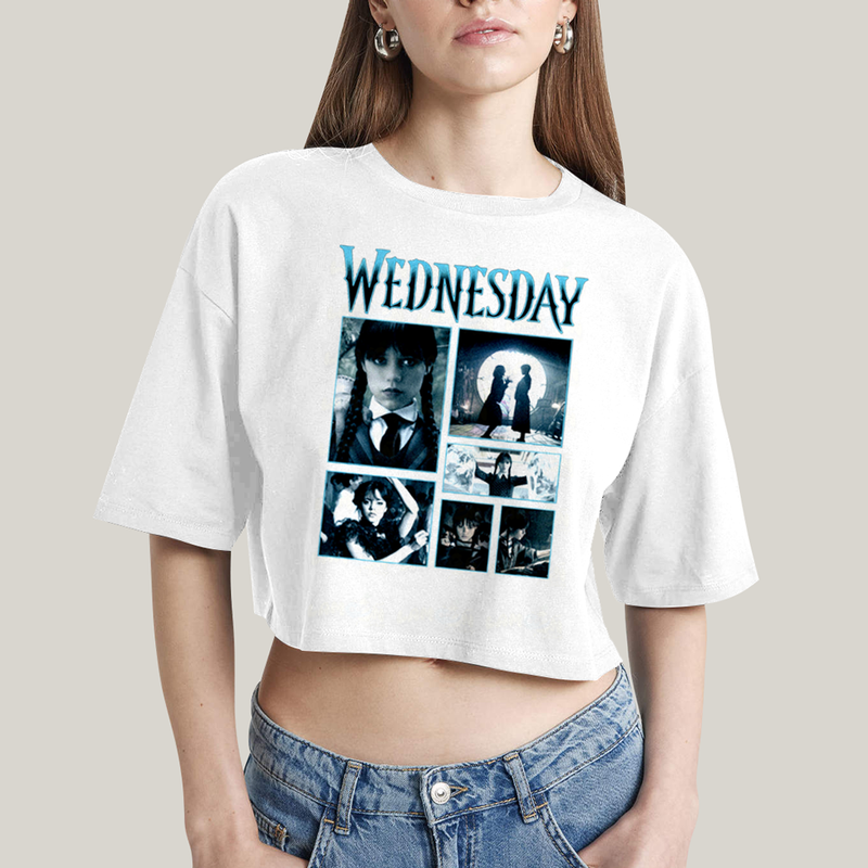 Cropped Oversized Algodão Unissex T shirt Wandinha Roxo Wednesday 1