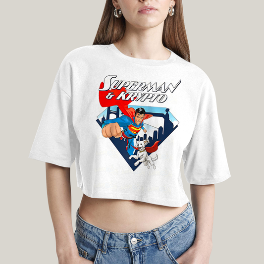 Cropped Oversized Algodão Unissex T shirt Superman & Krypto Comics