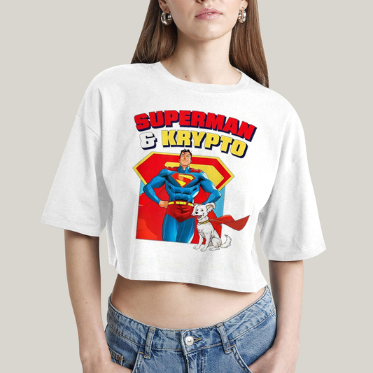 Cropped Oversized Algodão Unissex T shirt Superman & Krypto Best Friend 1