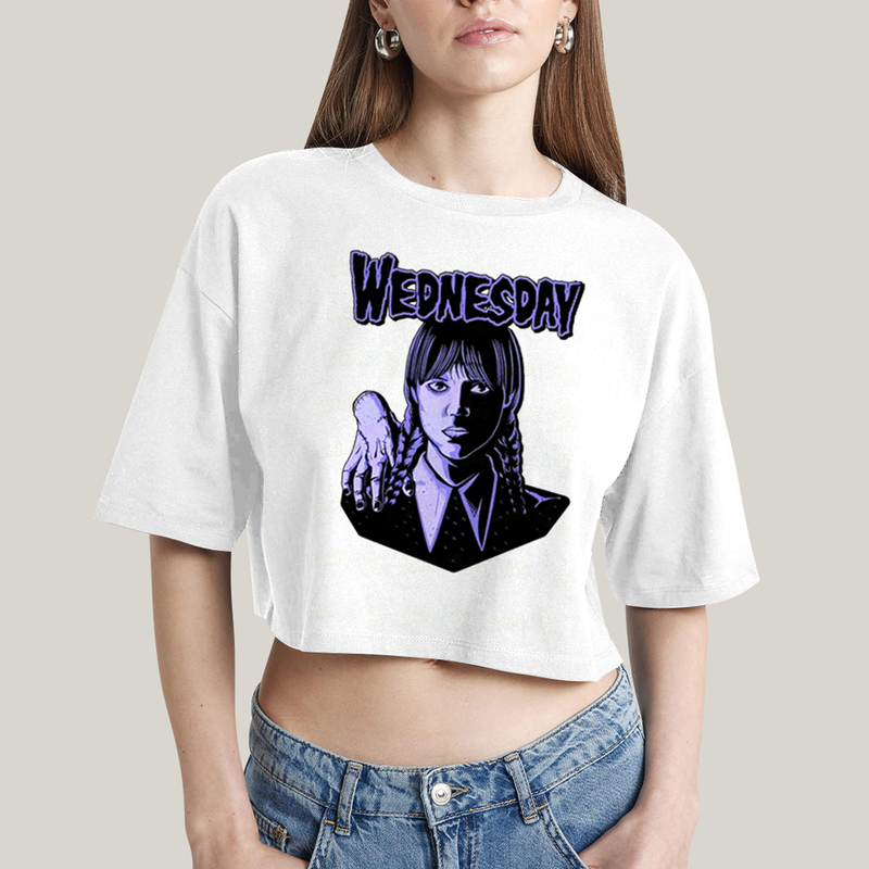 Cropped Oversized Algodão Unissex T shirt Wandinha Roxo Wednesday