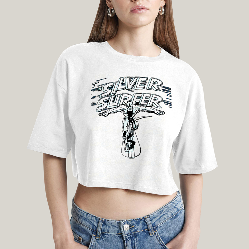 Cropped Oversized Algodão Unissex T shirt Surfista Prateado Retrô