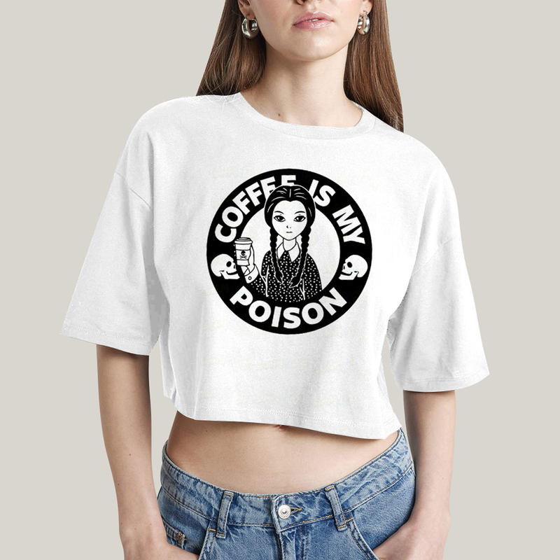 Cropped Oversized Algodão Unissex T shirt Wandinha Café é Meu Veneno