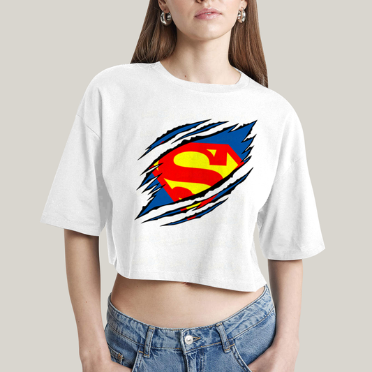 Cropped Oversized Algodão Unissex T shirt Superman Logo Rasgada