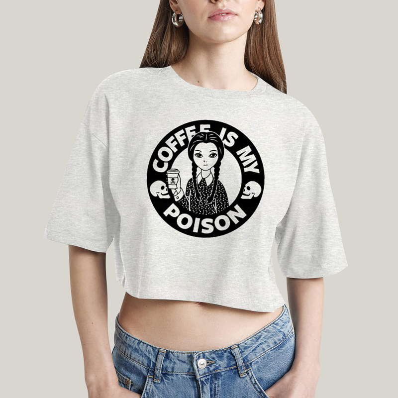 Cropped Oversized Algodão Unissex T shirt Wandinha Café é Meu Veneno