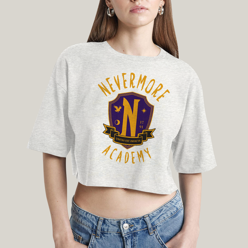 Cropped Oversized Algodão Unissex T shirt Wandinha Unitas Est Invicta Nevermore Academy
