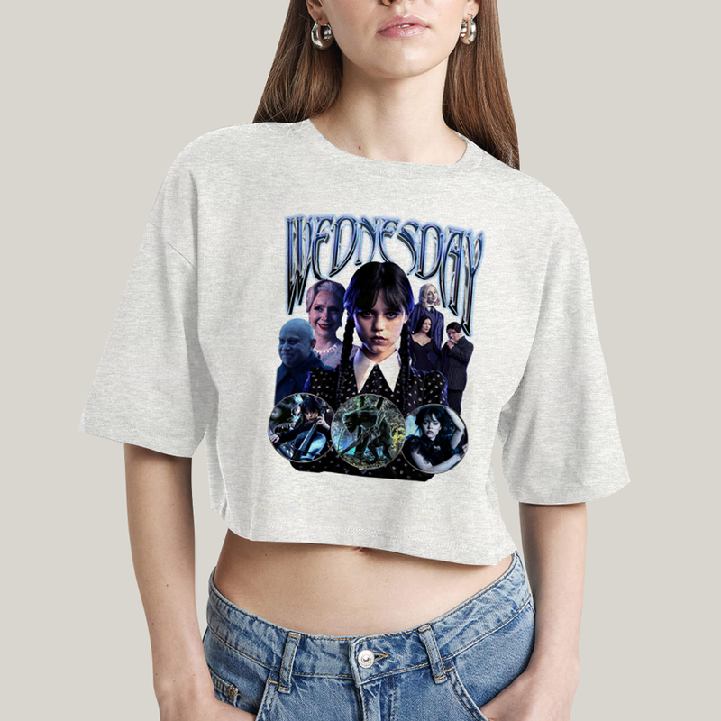 Cropped Oversized Algodão Unissex T shirt Wandinha Wednesday Blue