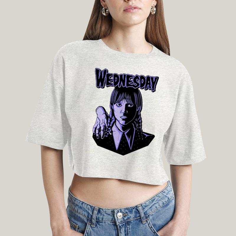 Cropped Oversized Algodão Unissex T shirt Wandinha Roxo Wednesday