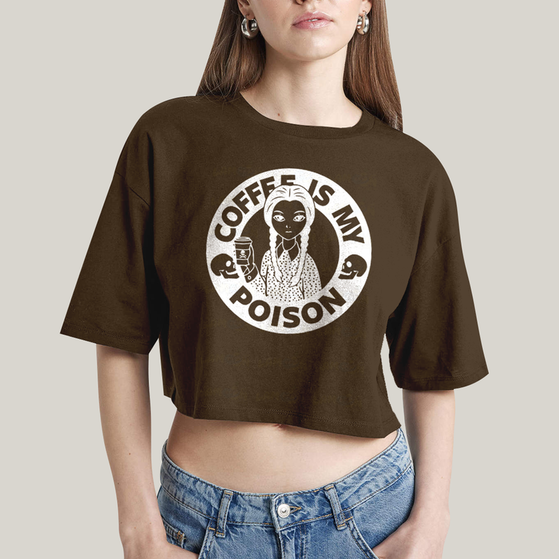 Cropped Oversized Algodão Unissex T shirt Wandinha Café é Meu Veneno