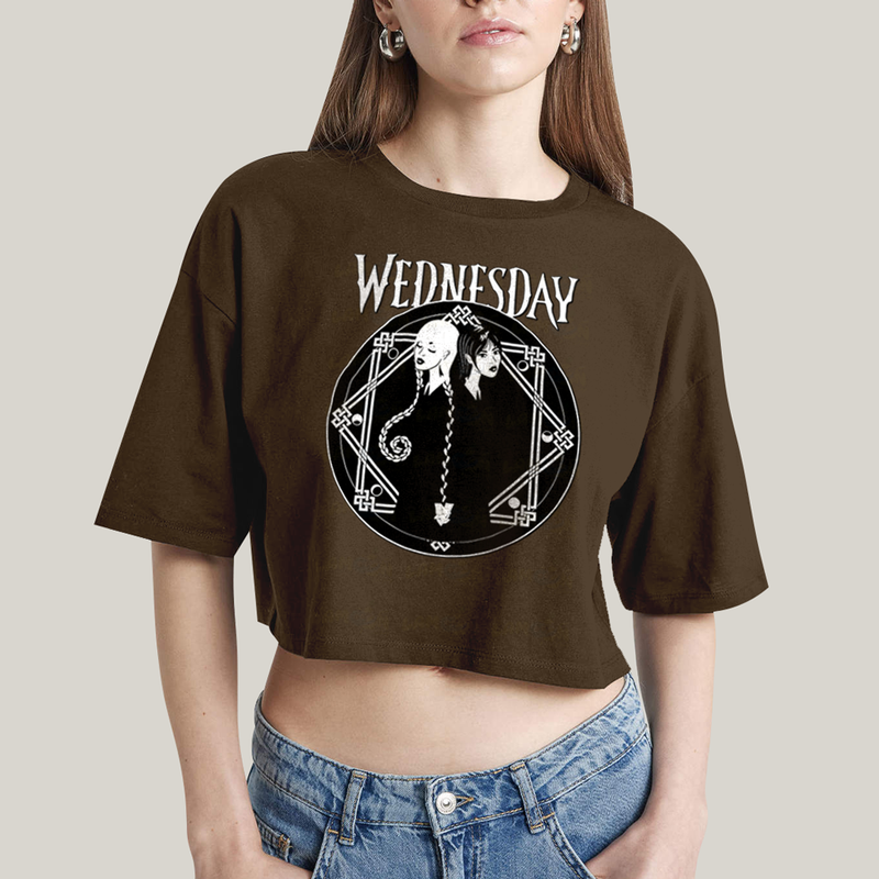 Cropped Oversized Algodão Unissex T shirt Wandinha Wednesday Black White