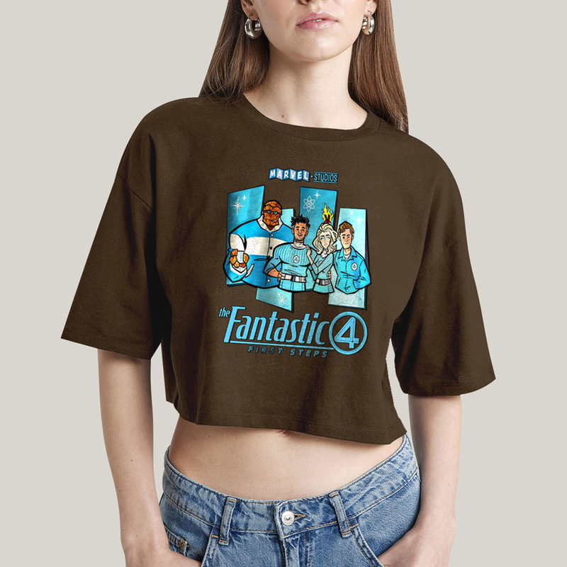 Cropped Oversized Algodão Unissex T shirt Quarteto Fantástico Primeiros Passos Cartunesco