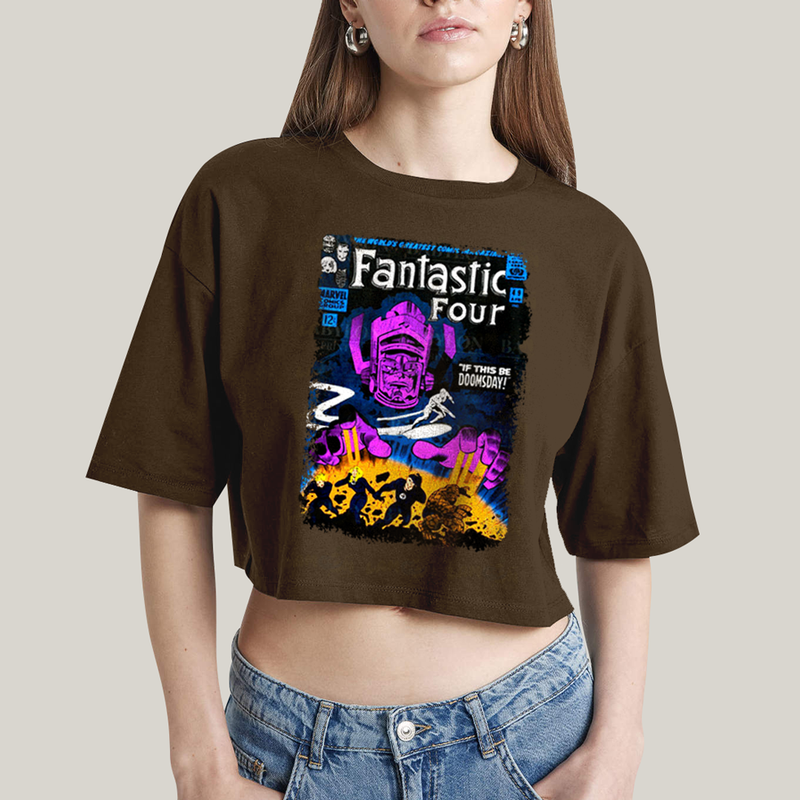 Cropped Oversized Algodão Unissex T shirt Quarteto Fantástico vs Galactus Capa de HQ