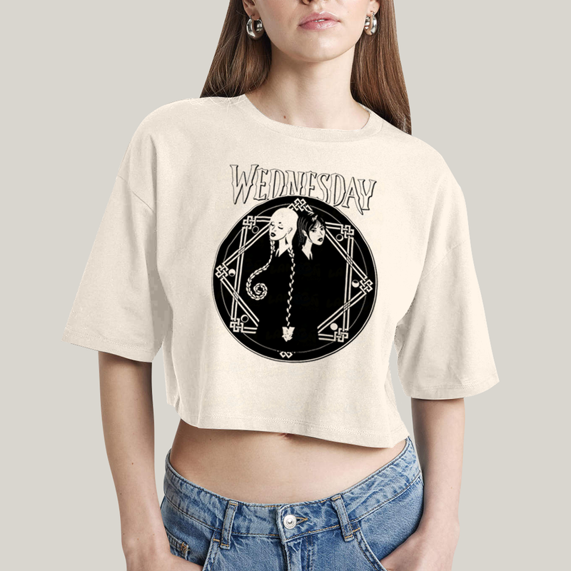 Cropped Oversized Algodão Unissex T shirt Wandinha Wednesday Black White
