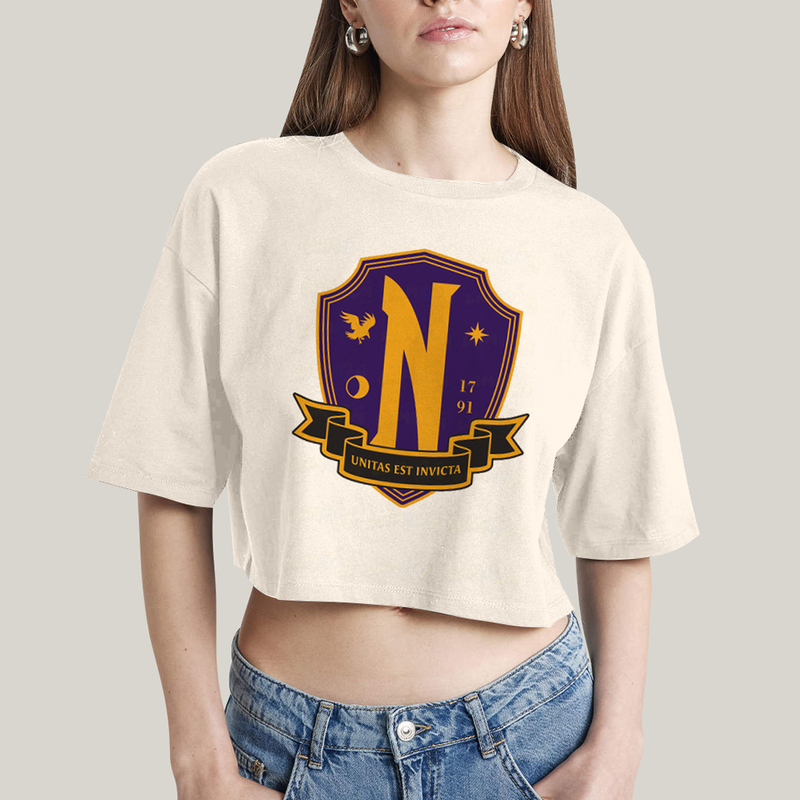Cropped Oversized Algodão Unissex T shirt Wandinha Unitas Est Invicta