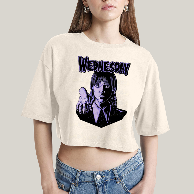 Cropped Oversized Algodão Unissex T shirt Wandinha Roxo Wednesday
