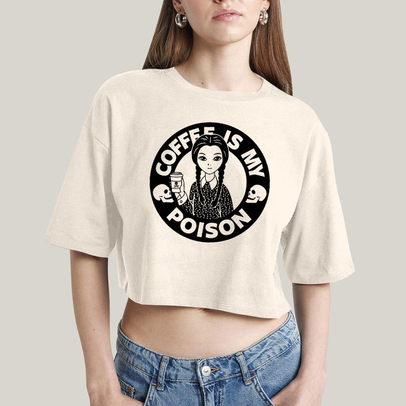 Cropped Oversized Algodão Unissex T shirt Wandinha Café é Meu Veneno