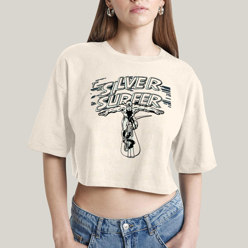 Cropped Oversized Algodão Unissex T shirt Surfista Prateado Retrô